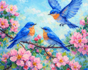 Kit de pintura de diamante de pájaro azul – Lienzo premium 5D con perforación completa – Arte de diamante de pájaro – Arte de diamante de animal – Arte de diamante de flor – Regalo artesanal