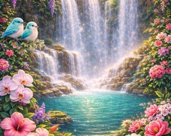 Diamant schilderij waterval landschap - bloemenwaterval natuurkunst - diamantkunst fantasiewaterval - waterval ambacht