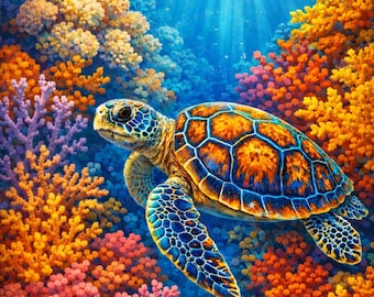 Kit de pintura de diamantes de tortuga - Lienzo premium 5D con perforación completa - Arte de diamantes de animales - Arte de diamantes oceánicos - Regalo artesanal