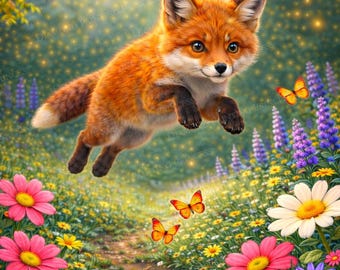 Diamond Painting Kit Woodland Fox - Speelse vos in wilde bloemenweide - schattige dieren diamantkunst