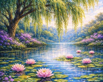 Kit de pintura de diamantes de lago - Lienzo premium 5D con perforación completa - Arte de diamante de flor de loto - Arte de diamante de sauce - Diamante de estanque - Regalo artesanal