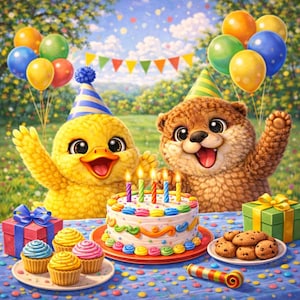 May include: A colourful birthday illustration featuring a yellow chick and a brown otter in party hats. A cake with lit candles, cupcakes, cookies, balloons, and gifts are on a blue tablecloth, creating a celebratory scene.
