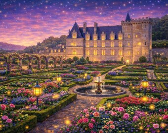 Diamant schilderij kit Franse kasteeltuin - romantische rozentuin met fontein - elegante kasteeltuinkunst