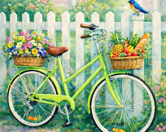 Vintage fiets diamant schilderij kit - groene fiets met bloemen ambachtelijke - cottage tuin fiets diamant onderdeel