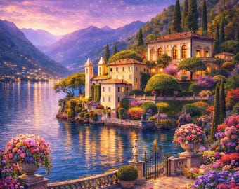 Diamond Painting Kit Italian Lake Villa - Ambachtelijke mediterrane villa landschap - romantische kunst meertuin