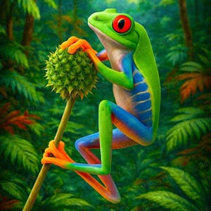 May include: A vibrant painting of a tree frog with a green head, red eyes, and blue and green body. The frog is perched on a stem, holding a spiky green ball. Lush green foliage fills the background, creating a tropical scene.