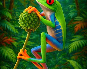 Kit de pintura de diamantes de rana - Lienzo premium 5D con perforación completa - Arte de diamantes de rana - Arte de diamantes de animales - Arte de diamantes de selva tropical - Regalo artesanal