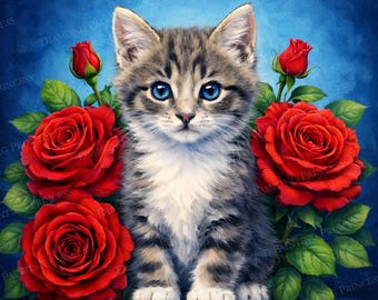 Kitten in the Roses Diamond Art Kit – Premium 5D volledig canvas – Animal Wall Art cadeau – Diamond Painting Kit Cat Flower