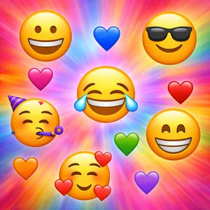 May include: A bright image showcasing diverse emoji faces and colourful hearts set against a radiant, multi-coloured backdrop. The emojis include smiling faces, a face with sunglasses, and a face with tears of joy. Hearts are in blue, pink, green, orange, red, and purple.