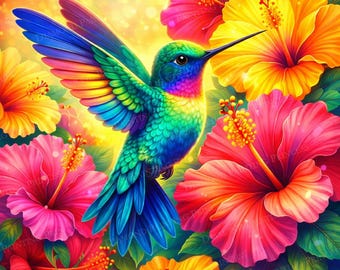 Kit de pintura de diamantes de colibrí - Lienzo premium 5D con perforación completa - Arte de diamantes de aves - Arte de diamantes de animales - Arte de diamantes de flores - Regalo artesanal
