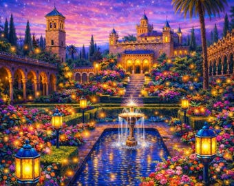 Diamant schilderij Spaans kasteel - Diamantkunst magische paleistuin - Fantasiekasteeltuin met fontein - Sprankelende nachttuin
