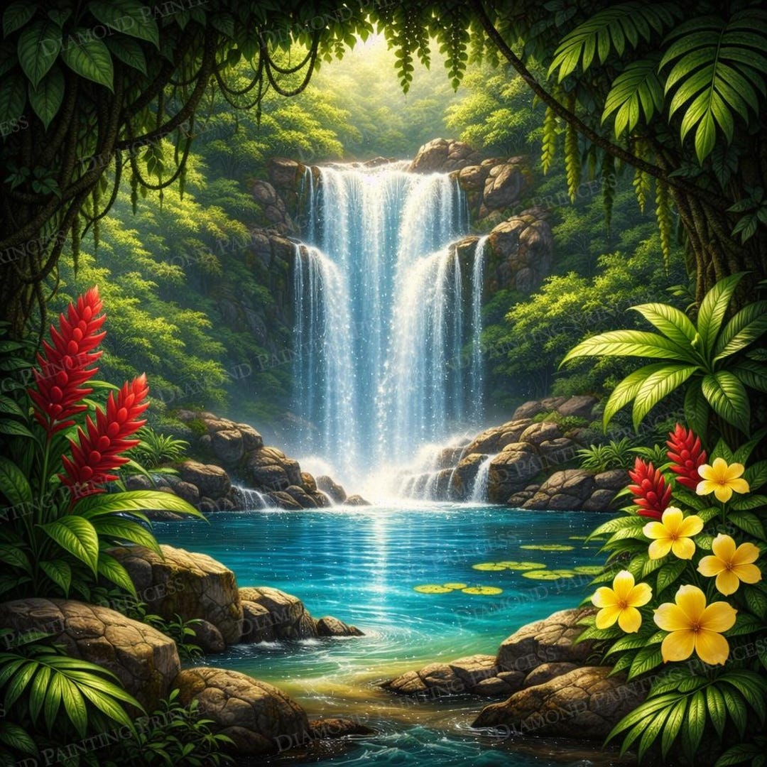 Tropical Waterfall Diamond Painting Kit - Jungle Waterfall Landscape ...