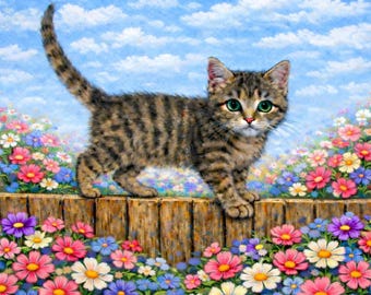 Diamantschilderij Kitten Kitten - Kat loopt op hek met bloemen Ambacht - Garden Cat Diamond Art