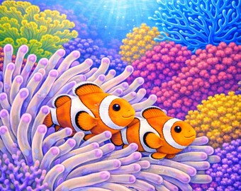Kit de pintura de diamantes de pez payaso – Lienzo premium 5D con perforación completa – Arte de diamantes de peces – Arte de diamantes de coral – Arte de diamantes oceánicos – Regalo artesanal