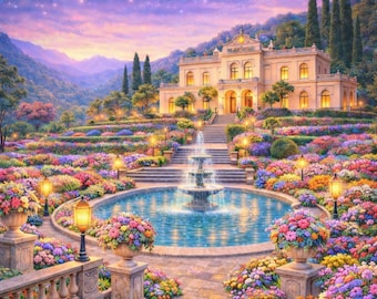 Diamant schilderij kit elegante paleistuin - fonteintuin luxe landgoed - Zuid-Amerikaanse tuinkunst - romantische bloementuinkunst