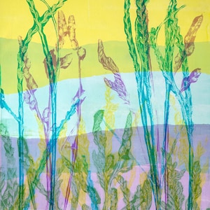 May include: Abstract print featuring overlapping images of tall green plants against a yellow, light blue, and purple background. The artwork has a layered, textured appearance, with the plants appearing in various shades of green and brown.