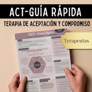 May include: A person holding a printed guide titled "ACT-GUÍA RÁPIDA TERAPIA DE ACEPTACIÓN Y COMPROMISO". The guide has a light purple and white color scheme with text and diagrams. A gold banner with the word "Terapeutas" is on the right.