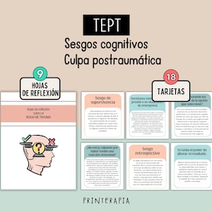 Puede incluir: Un conjunto de materiales educativos titulado TEPT Sesgos cognitivos Culpa postraumática, con 9 hojas de reflexión y 18 tarjetas. Las tarjetas contienen texto sobre sesgos cognitivos y trauma, junto a una ilustración de perfil de una cabeza.