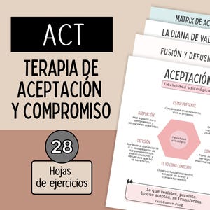 May include: A set of 28 educational worksheets for Acceptance and Commitment Therapy. The documents feature a central hexagon diagram illustrating psychological flexibility, with headings including Matrix de Aceptación and La Diana de Valores.