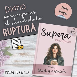 Könnte beinhalten: Ein rosa Buch mit dem Titel "Supera esa ruptura" mit einer Frau, die eine Kaffeetasse auf dem Cover hält. Das Buch ist Teil einer Reihe, mit "Etapa 1: Shock y negación" angezeigt. Das Bild enthält auch den Text "Diario para superar el shock de la RUPTURA" und "100+ Págs."
