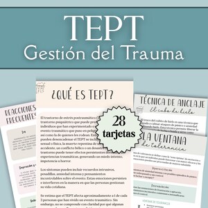May include: A teal poster with the title "TEPT Gestión del Trauma" in white text. The poster includes information on PTSD, with the text "28 tarjetas" in a starburst shape. Other text includes "Reacciones Frecuentes" and "Técnica de Anclaje".