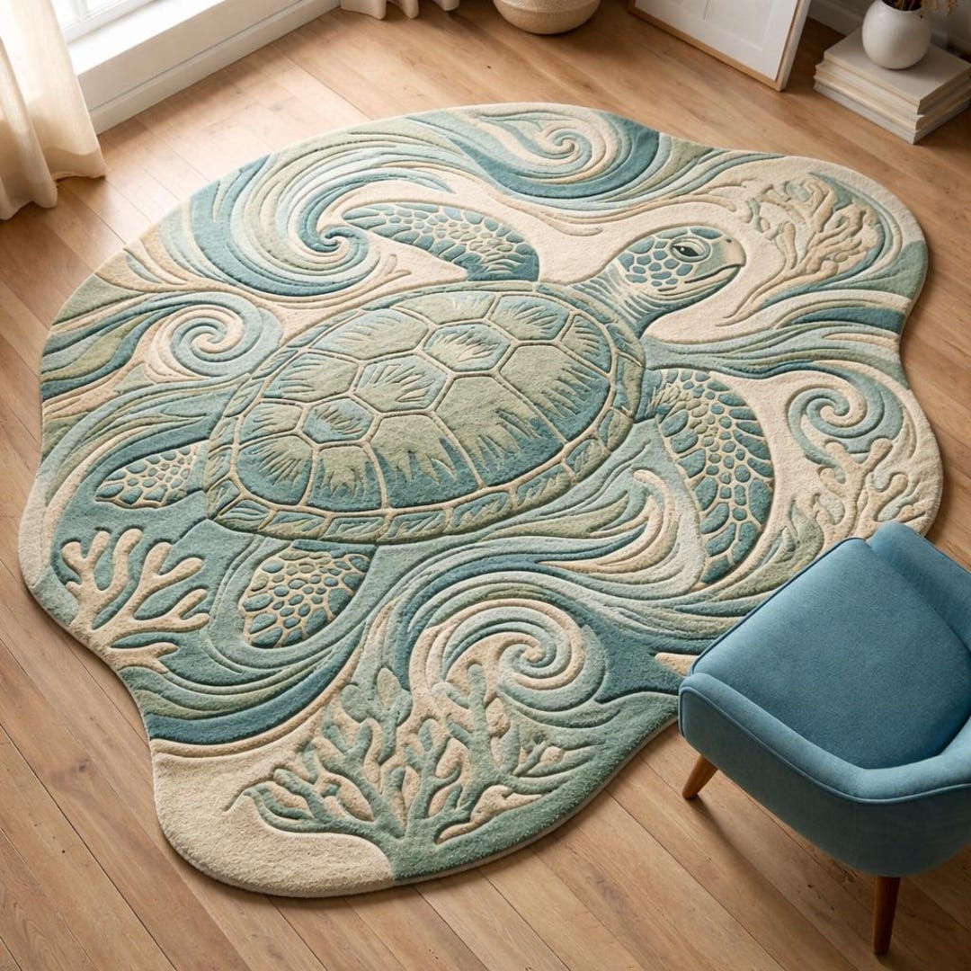 Hand-tufted Sea Turtle Area Rug, Coastal Ocean Wave Nursery Mat - Etsy
