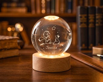 Personalized Little Prince Crystal Ball Night Light, Custom Name Birthday Gift for Best Friend, Glass LED Lamp, Bedroom Decor