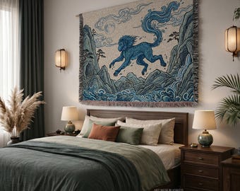Water Monkey Woven Blanket: Chinese Zodiac Decor, Folk Art Tapestry Spread
