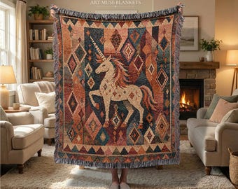 Manta de tapiz bereber de unicornio: colcha marroquí, manta textil ornamentada.
