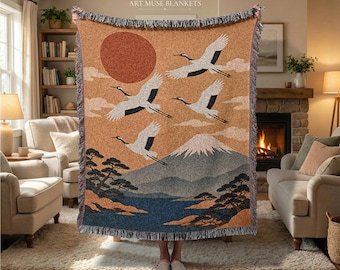 Manta Japonesa Tecida com Garça e Sol: Decoração de Parede com Pássaros Asiáticos, Manta Inspirada na Natureza.