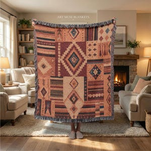 Oriental Red Tapestry Blanket: Moroccan Rug Style Bedspread, Berber Ornate Throw