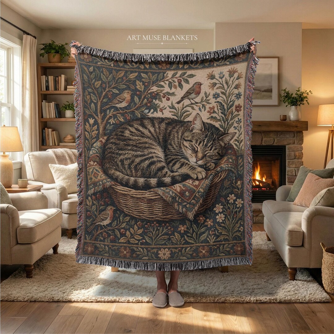 Tabbycat Rugs Vintage Tabby Cat Woven Blanket: Botanical Pet Tapestry Throw, Kitten ...