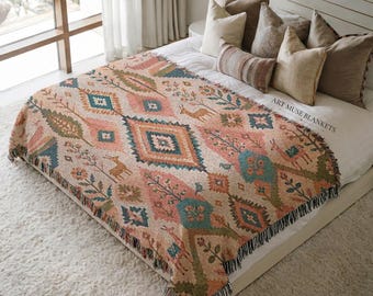 Pastel Moroccan Tapestry Blanket: Berber Rug Style Bedspread, Ornate Textile Throw
