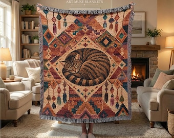 Couverture tissée marocaine Sleeping Tabby : couvre-lit tapisserie berbère chat décoratif