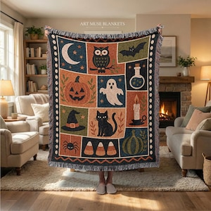 Halloween Doodle Patchwork Blanket: Whimsigoth Cotton Throw, Fall Home Decor
