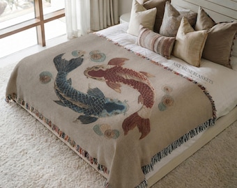 Koc tkany z motywem ryby koi: dekoracja ścienna w stylu yin yang w stylu japońskim, wystrój wnętrz w stylu zen