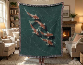 Koi Fisch gewebte Decke: Japandi Minimalist Wandbehang, Zen Home Decor
