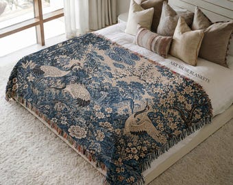 Cranes in Night Folk Art Blanket: Blue Korean Minhwa Cottagecore Decor