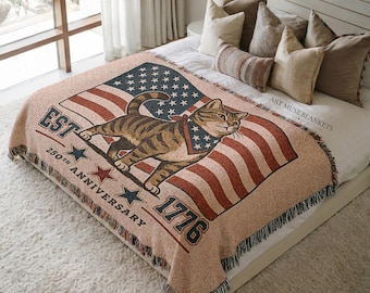 Tabby Cat Whimsical 4th of July Woven Blanket: Patriotic Americana Decor