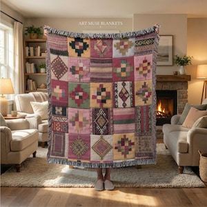 Kilim Patch Style Blanket: Moroccan Bedspread, Ornate Textile Throw