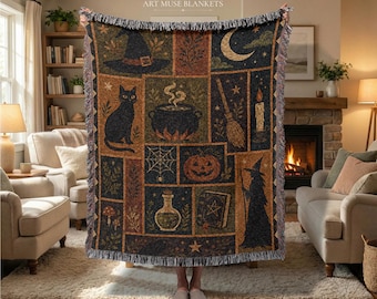 Halloween Patchwork Style Woven Blanket, Whimsigoth Decor, Fall Festive Throw & Bedspread