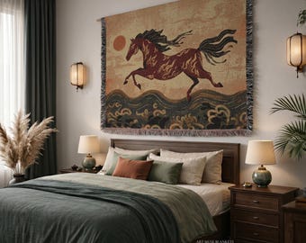 Fire Horse Woven Blanket: Chinese Zodiac Folk Art Throw, Equestrian Decor