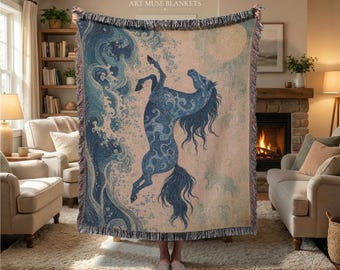 Coperta tessuta con motivo Cavallo d'Acqua: coperta ispirata all'arte popolare dello zodiaco cinese, decorazione equestre.