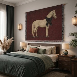 White Horse Woven Blanket: Equestrian Bed Runner, Farmhouse Cottagecore Decor