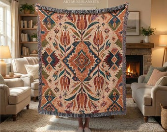 Manta de tapiz bereber Tulipán: Colcha estilo alfombra marroquí, manta textil ornamentada.