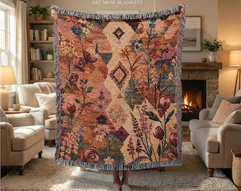 Coperta in arazzo berbero con peonie: copriletto in stile marocchino, plaid in tessuto con fiori selvatici