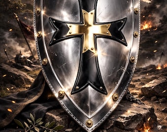 Templar Knight Shield – Black and Gold Holy Cross Shield - Crusader Knight Shield - Perfect Shield for Display and Combat.