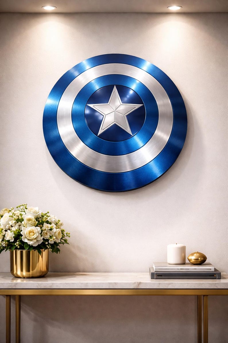 May include: A Captain America shield, featuring a blue, silver, and white color scheme. The shield is circular with a central white star and concentric rings of blue and silver. It is mounted on a white wall.