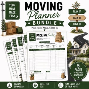 Könnte beinhalten: Ein digitales Umzugsplaner-Paket mit fünf Seiten, inklusive Pack-Tracker, Checklisten und Organisationshilfen. Das Design enthält dunkelgrüne Akzente sowie Illustrationen von Umzugskartons, einem Haus und Wegweisern mit dem Text Your Move Made Easy.
