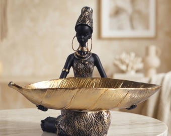 African Woman Sculpture with Leaf Tray, Jewelry Key Holder for Entryway, Resin Tribal Figurine, Unique Housewarming Gift, Decorative Storage